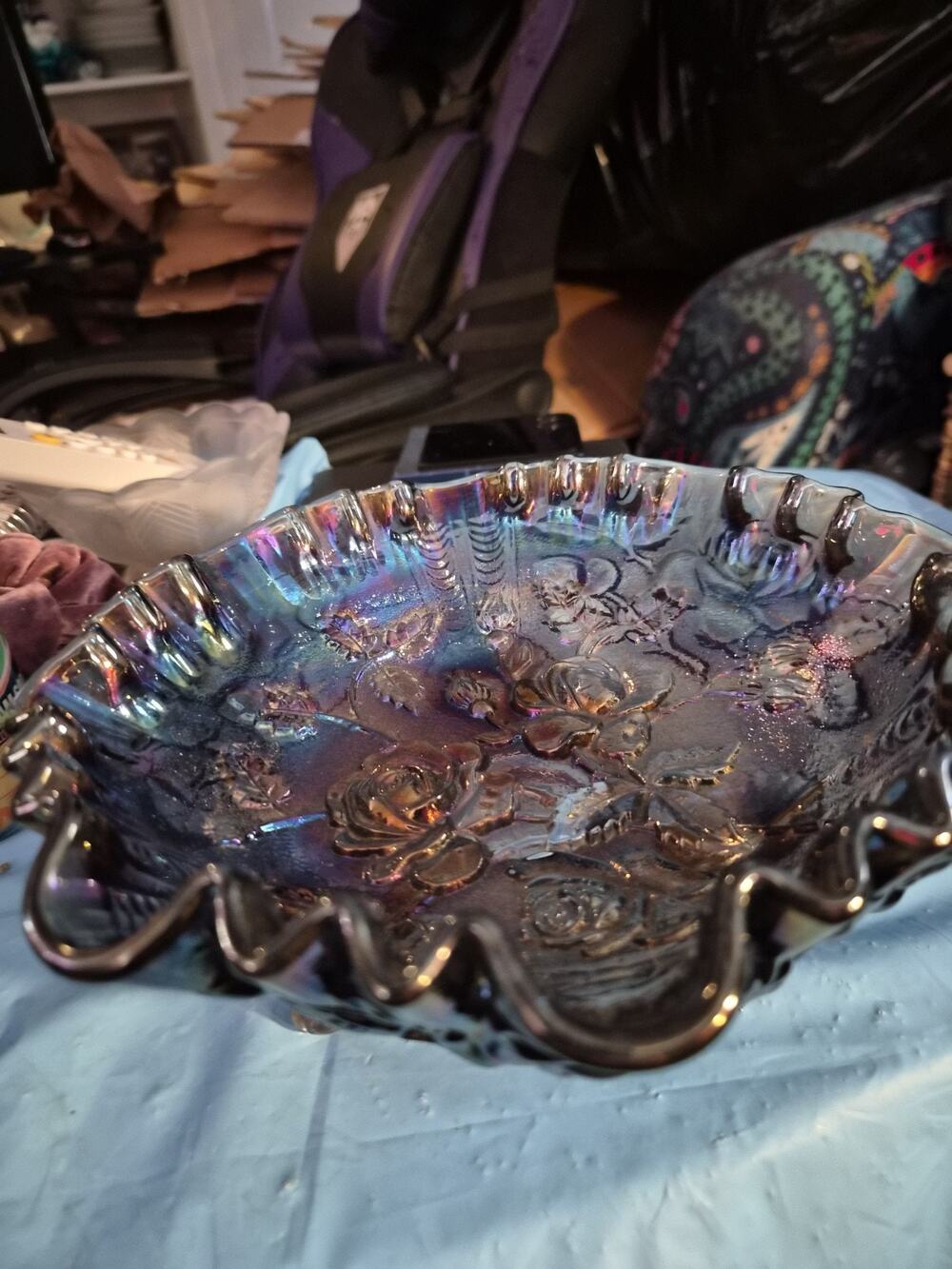 Vintage IMPERIAL CARNIVAL GLASS Footed Bowl OPEN ROSE Amethyst Purple